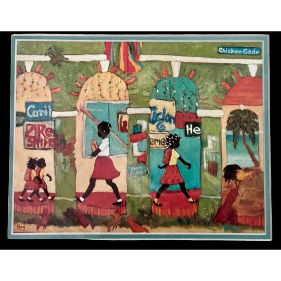 Chicken Gade Folk Art Print-Signed King-Framed 15x13-Caribbean Scene-Haitian - Picture 2 of 8